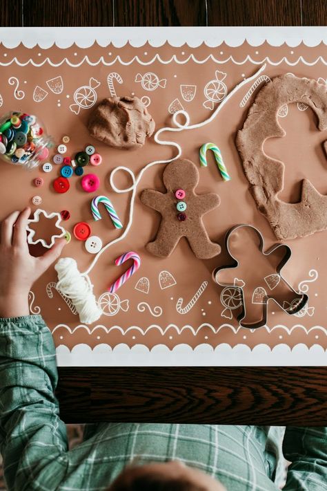 Gingerbread Provocation, Gingerbread Playdough Kit, Gingerbread Man Playdough, Winter Playdough Ideas, Christmas Playdough Kit, Gingerbread Toddler Activities, Gingerbread Party Ideas For Kids, Flower Pot Kids Craft, Cardboard Cookies