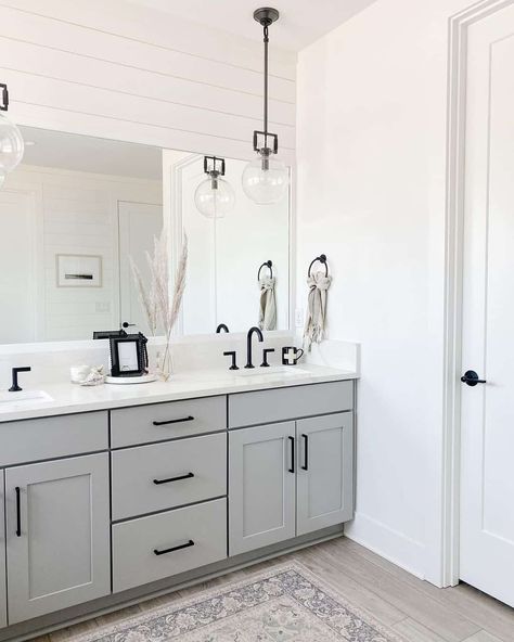 Modern Farmhouse Bathroom Designs in Grey and White - Soul & Lane Shaker Cabinets Black Hardware, Grey Cabinets White Countertops, Grey And White Bathroom Ideas, Black Hardware Bathroom, Glass Globe Pendant Lights, Mirror Industrial, Large Rectangular Mirror, White Bathroom Ideas, Light Grey Bathrooms