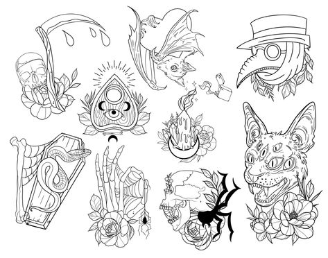 Halloween TATTOO FLASH Stamp Brushes for ProCreate on iPad These original stamps are designed to help create tattoos, greeting cards, logos, calendars, tee shirts, and more! This pack includes 35 hand drawn tattoo flash designs. Build off of these or tattoo straight away. Great designs for tattooing! [Watch the video and swipe through the portfolio to see all of what is included] Excellent quality Crisp bold lines All stamps are resizable small to very large with no blur Use any color Hand made Tattoo Flash Art Halloween, Halloween Flash Tattoo Ideas, Halloween Themed Tattoo Designs, Halloween Flash Sheet Tattoo, Witch Tattoo Flash, Spooky Season Tattoos, Tattoo Flash Ideas, Witch Flash Tattoo, Skull Flash Tattoo