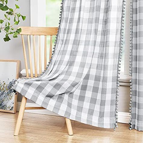 2 Panels White Grey Check Plaid Curtains 54inch Pom Pom Buffalo Window Curtains | eBay Basement Window Curtains, Buffalo Plaid Curtains, Gingham Curtains, Buffalo Check Curtains, Check Curtains, Plaid Curtains, Modern Rustic Farmhouse, Bedroom Drapes, Farmhouse Curtains