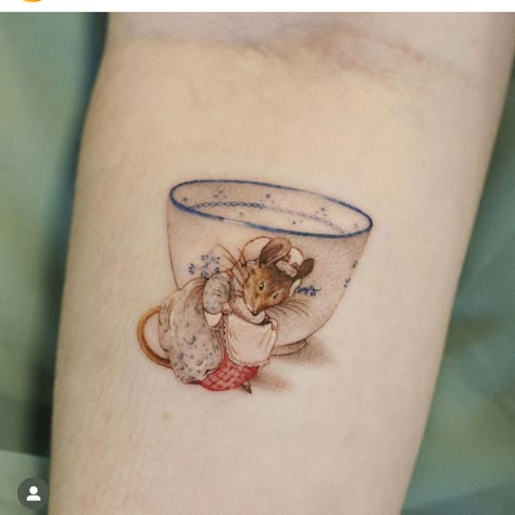 Beatrice Potter Tattoo, Tiny Cottagecore Tattoo, Holly Hobbie Tattoo, Beatrix Potter Tattoo Ideas, Cute Cottage Core Tattoos, Beatrix Potter Tattoo, Woodland Mouse Tattoo, Brambly Hedge Tattoo, Peter Rabbit Tattoos