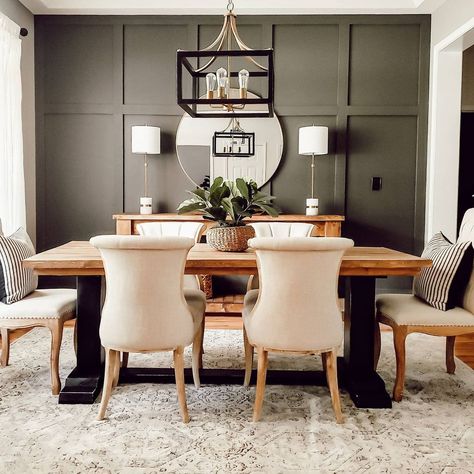 Dining Room Inspiration Accent Wall, Large Accent Wall Dining Room, Textured Accent Wall Dining Room, Dining Room Dark Accent Wall, Accent Walls In Open Floor Plans, Accent Wall Dinningroom, Accent Wall Behind Dining Table, Accent Wall For Dining Room, Navy Accent Wall Dining Room