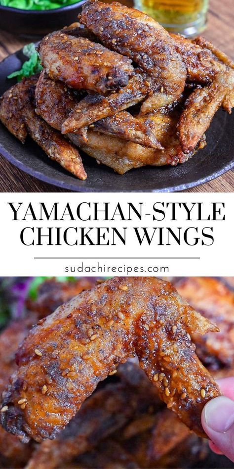 Yamachan-style chicken wings are featured on a dark plate, looking crispy with a sprinkling of sesame seeds. The wings have a glossy, seasoned exterior. Below is the text 'YAMACHAN-STYLE CHICKEN WINGS' and 'sudachirecipes.com', indicating the recipe source. Japanese Chicken Wings, Fried Chicken Wing, Homemade Chicken Wings, Crispy Fried Chicken Wings, Wing Sauce Recipes, Japanese Chicken, Chicken Wings Recipe, Fried Chicken Wings, Wings Recipe