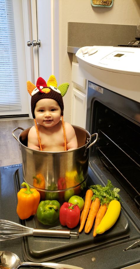 Thankful for our Little Turkey Baby In Pot For Thanksgiving, 1 Year Pictures, Month Pictures, Baby Turkey, Monthly Baby Pictures, Awkward Family Photos, Food At Home, First Thanksgiving, 1st Year