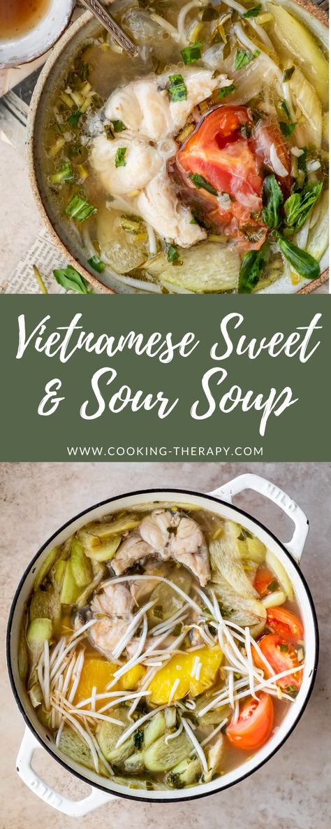 An easy recipe for Vietnamese sweet and sour soup or canh chua. This soup is made with pork, catfish, and a variety of Vietnamese herbs. Vietnamese Pineapple Soup, Vietnamese Sour Soup, Vietnamese Sweet And Sour Soup, Canh Chua Recipe, Sweet Sour Soup, Viet Dishes, Sweet And Sour Soup, Easy Vietnamese Recipes, Cooking Therapy