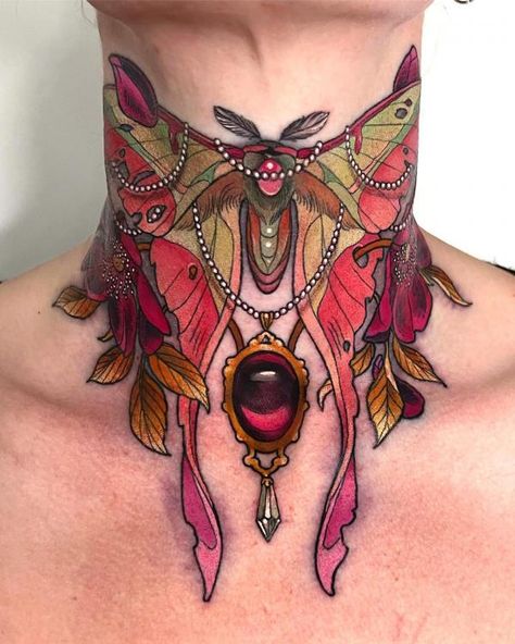 Large Moth Back Tattoo, Hydrangea Back Tattoo, Upper Back Cover Up Tattoos, Art Nouveau Moth Tattoo, Art Nouveau Butterfly Tattoo, Double Chin Tattoo, Snake Throat Tattoo, Luna Moth Neck Tattoo, Moth And Lantern Tattoo