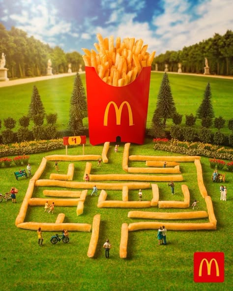 Mcdonalds Creative Ads, Maze Poster Design, Maze Design Ideas, Food Creative Posters, Ad Creative Design, Food Posters Design, Food Poster Ideas, Square Poster Design, Creative Product Ads