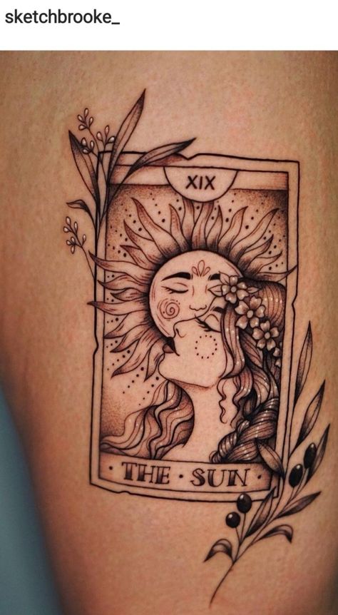 Forearm Tattoo Women Tarot Card, Sun Moon And Stars Tarot Tattoo, Thigh Tarot Tattoo, Leg Tattoos Linework, The Sun Card Tattoo, Terrot Card Tattoos, Tarot Card Tattoo The Moon, Taro Cards Tattoo Designs, Leo Tarot Card Tattoo