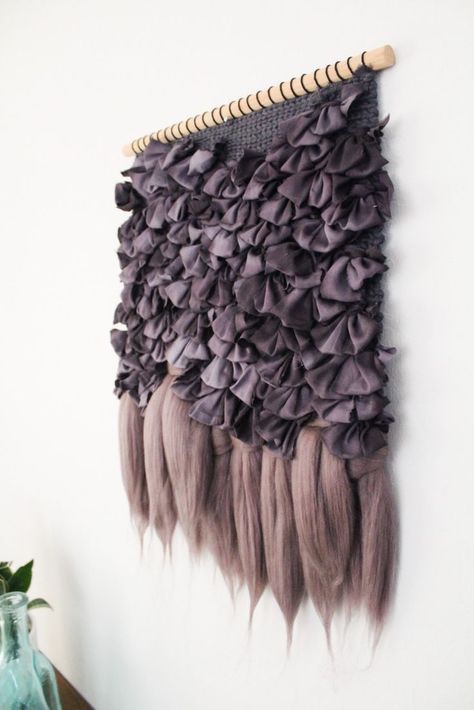 Woven Wall Hanging Featuring Hand Dyed Cotton Ribbons and Wool Roving. Piece is hung via dowel and is 16" wide x 24" long Dark Butterfly, Modern Tapestry, Woven Wall Decor, Modern Tapestries, Woven Wall Art, Wool Roving, Woven Wall Hanging, Boho Wall Art, Wall Hangings