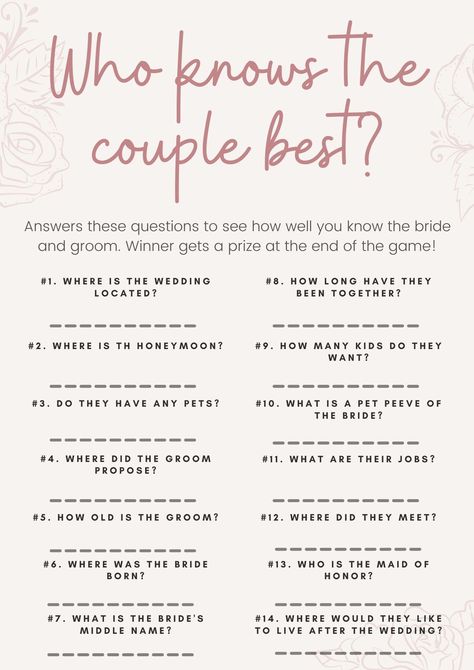 Who Knows the Couple Best Bridal Shower Game Printable Worksheet Template. Bridal Shower Printable Games, Couples Bridal Shower Games, Who Knows The Couple Best Game, Who Knows The Couple Best, Wedding Games For Guests, Bridal Shower Printables, Bridal Bachelorette Party, Wedding Shower Games, Bridal Shower Game