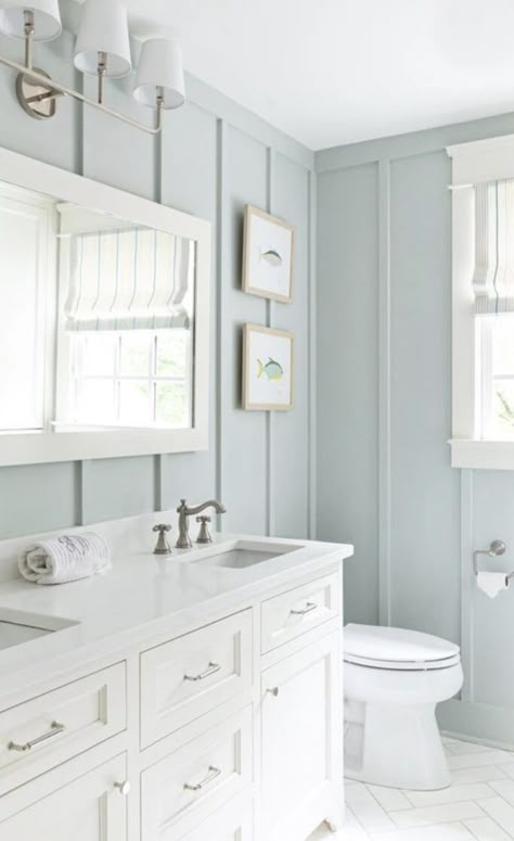 We're sharing a full review of one of our favorite paint colors - Sherwin Williams Sea Salt! It's the perfect light and airy pop of color that is perfect for a bedroom, bathroom or laundry room! Sherwin Williams Sea Salt, Beach House Bathroom, Guest Bathroom Remodel, House Bathrooms, Cottage Bathroom, Coastal Bathrooms, Hall Bathroom, Upstairs Bathrooms, Boys Bathroom