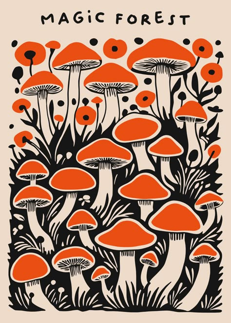 Hippie Mushroom Art, Mushroom Art Hippie, Mushroom Aesthetic Art, Red Aesthetic Poster, Mushroom Paintings, Painting Mushrooms, Mushroom Illustrations, Forest Graphic, Mushrooms Art