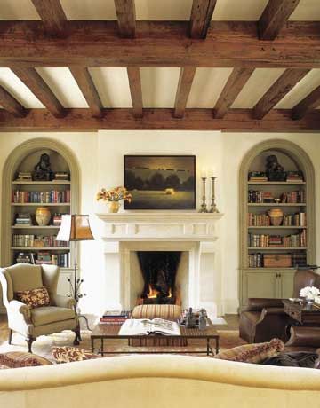 Family Room Designs - Decorating Ideas for Family Rooms - House Beautiful Curved Top Bookcase, Curved Alcove, Arched Bookcases, Alcove Bookshelves, Beam Ceiling, Painted Bookshelves, Traditional Family Room, Shelves Wood, Tuscan Design