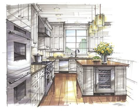 Kitchen Interior Sketch, Kitchen Sketch, Interior Architecture Sketch, Interior Design Sketchbook, Fine Homebuilding, Kitchen Drawing, Furniture Design Sketches, Perspective Drawing Architecture, Interior Design Renderings