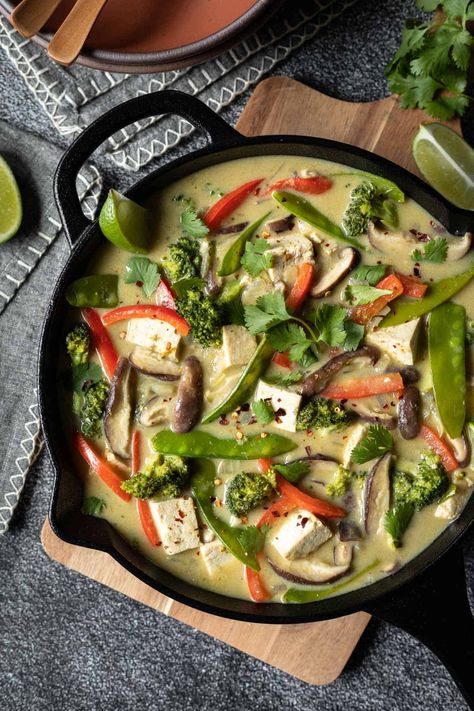 This Thai green curry tofu is a simplified version inspired by authentic recipes. Made with ingredients you can find at most grocery stores, this easy tofu curry comes together in one pan in 30 minutes. With vegan green curry paste and rich coconut milk, it's flavor-packed and sure to be an instant family favorite! Thai Curry Recipes Vegetarian, Easy Tofu Curry, Chicken Curry With Vegetables, Protein Entrees, Tofu Green Curry, Curry With Vegetables, Asian Entrees, Curry With Tofu, Vegan Thai Green Curry