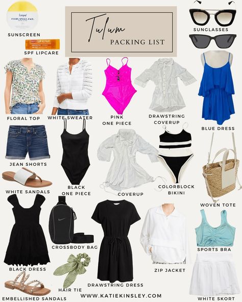 Tulum packing list! All new post up on the blog (link in bio) with a detailed list of everything I packed for our beach vacation. #travelwithkinsley #visittheworld #travel #travelgram #exploremoretoday #worldofwanderlust #shewhowanders #wanderlust #shesnotlost #findyouradventure #adventureisoutthere #traveltherenext #seesomeworld #justtravel Tulum Packing List, Black And White Sandals, White Skort, Pink Floral Top, Drawstring Dresses, Swimming Outfit, Embellished Sandals, White Sandals, One Piece Suit