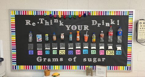 Rethink Your Drink Bulletin Board, Sugar In Drinks, Rethink Your Drink, Nurse Bulletin Board, School Nurse Office Decorations, Nurse Ideas, School Nurse Office, Health Class, Nurse Office