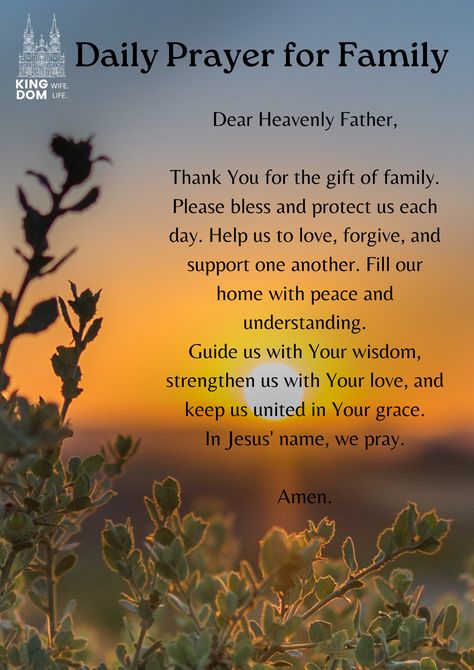 This prayer is a heartfelt reminder of the blessings we share as a family and the strength we draw from our unity. It encapsulates our daily hopes for love, protection, and divine guidance, anchoring us in faith and filling our home with peace and understanding.   #family #protection #kingdomwife Prayer For Peace In The Family, Family Prayers For Unity, Prayer For My Family Protection, Prayer For Peace And Strength, Daily Prayer For Family, Family Prayers For Blessings, Prayer For Protection For Family, Prayers For Family And Friends, Prayer For Family Protection