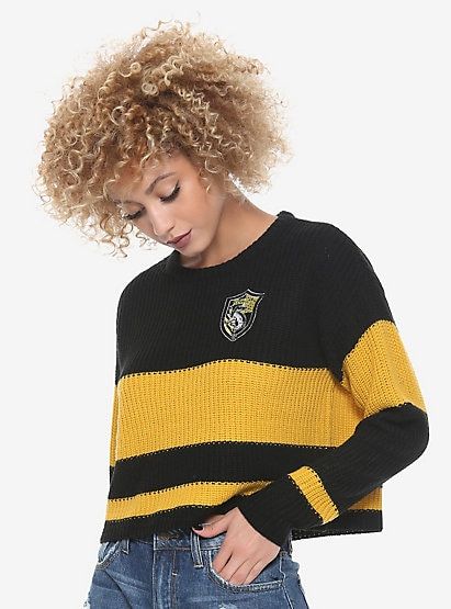 Harry Potter Hufflepuff Girls Quidditch SweaterHarry Potter Hufflepuff Girls Quidditch Sweater, BLACK Quidditch Sweater, Hufflepuff Outfit, Magical Stuff, Hogwarts Quidditch, Rib Stitch Knitting, Harry Potter Clothes, Hufflepuff Aesthetic, Hogwarts Outfits, Hufflepuff Pride