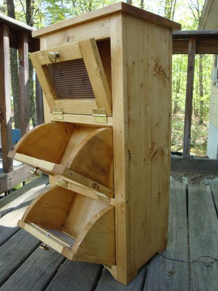 Pine Veggie Bin Vegetable Storage Bin, Golden Oak Stain, Bin Kitchen, Vegetable Bin, Kitchen Cupboard Designs, Vegetable Storage, Diy Kitchen Storage, Kitchen Cupboard, Oak Stain