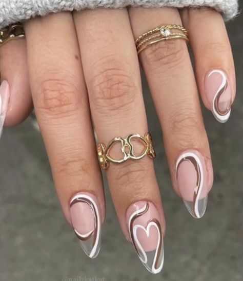 Heart Line Nails, Abstract Heart Nails, Silver Valentine Nails, Heart Swirl Nails, Bubble Nails, Finger Heart, Lines On Nails, Nail Designs Valentines, Cute Gel Nails