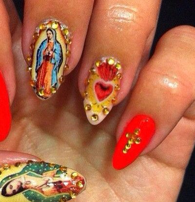 Mexican Nails, Latina Nails, Nail Design Glitter, Her Nails, Clear Nails, Heart Nails, Gel Nail Art, Nail Decals, Sacred Heart