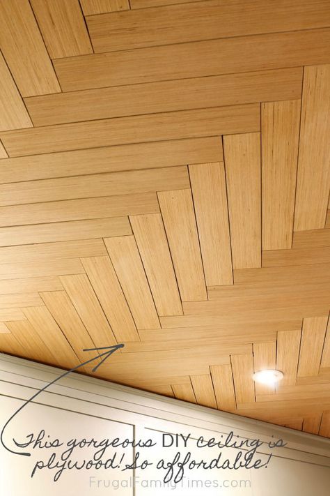 Herringbone Ceiling, Hardwood Ceiling, Entrance Ceiling, Ceiling Tiles Basement, Pattern Ceiling, Plywood Ceiling, Ceiling Basement, Basement Ceiling Ideas, Covering Popcorn Ceiling