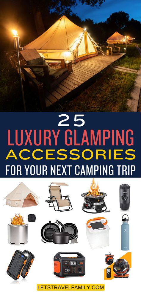 The right glamping accessories allow you to enjoy all the comforts of home without sacrifing the adventure of camping. Here are the glamping must-haves that you should take on your next camping trip. Glamping Accessories, Glamping Aesthetic, Luxury Camping Gear, Bnb Ideas, Primitive Camping, Resort Design Plan, Glam Camping, Glamping Ideas, Camping Must Haves