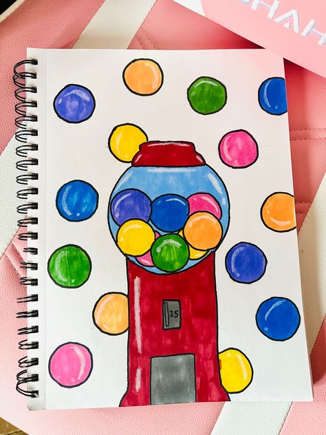 Gumball Machine Drawing, Drawing Ideas For Your Sketchbook, Ideas For Your Sketchbook, Marker Drawing Ideas, Machine Drawing, Markers Drawing Ideas, Gumball Machine, Marker Drawing, Cute Easy Drawings