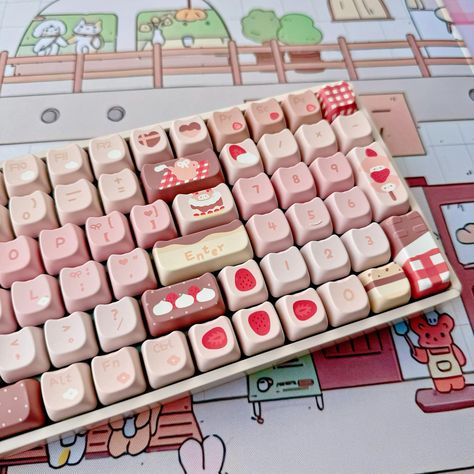 Imagine your keyboard decked out with these adorable keycaps that look like juicy strawberries dipped in chocolate. 🍓🍫  Whether you're a keyboard enthusiast or just want to jazz up your setup, these keycaps are the cherry on top (or should I say, the strawberry?). 😉 ★ Product Content ★ ◇ Keycap set (140 keys, key puller included) ◇ Keyboard NOT included ★ Spec ◇ Language: English ◇ Profile: MAO  ◇ Material: PBT, dye-sub printed ★ Compatibility ★ ◇ Layout: ANSI, ISO, Alice ◇ Size: 100%(Full si Fancy Keyboard, Profile Cute, Keyboard Decal, Keycap Set, Chocolate Dipped Strawberries, Strawberry Dip, Gaming Room Setup, Aesthetic Japan, Chocolate Strawberry