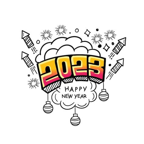 2023 happy new year doodle art | Premium Vector #Freepik #vector #happy-new-year-lettering #new-year-text #happy-new-year-typography #happy-new-year-text New Year Doodle Art, Happy New Year Doodle, New Years Drawing Ideas, Happy New Year Typography, New Year Doodle, New Year's Drawings, New Year Typography, Welcome New Year, 2023 Images