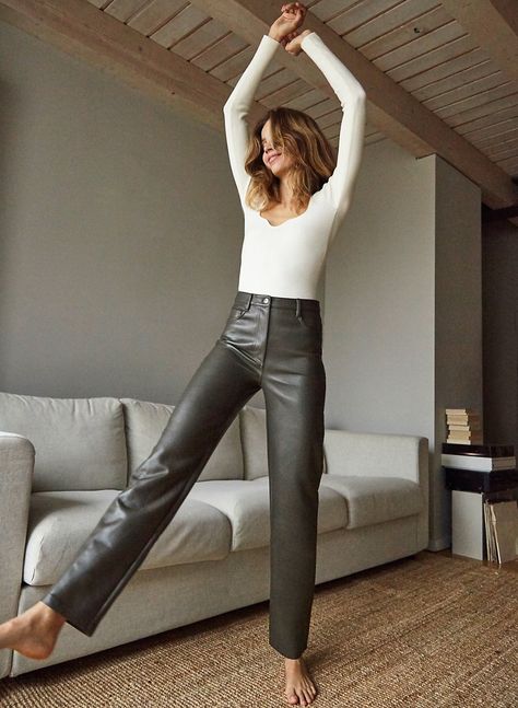 Vegan Leather Pant, Leather Pants Style, Melina Pant, Vegan Leather Pants, Leather Pant, Fun Pants, Denim Leggings, Slim Fit Pants, Sweater Pants