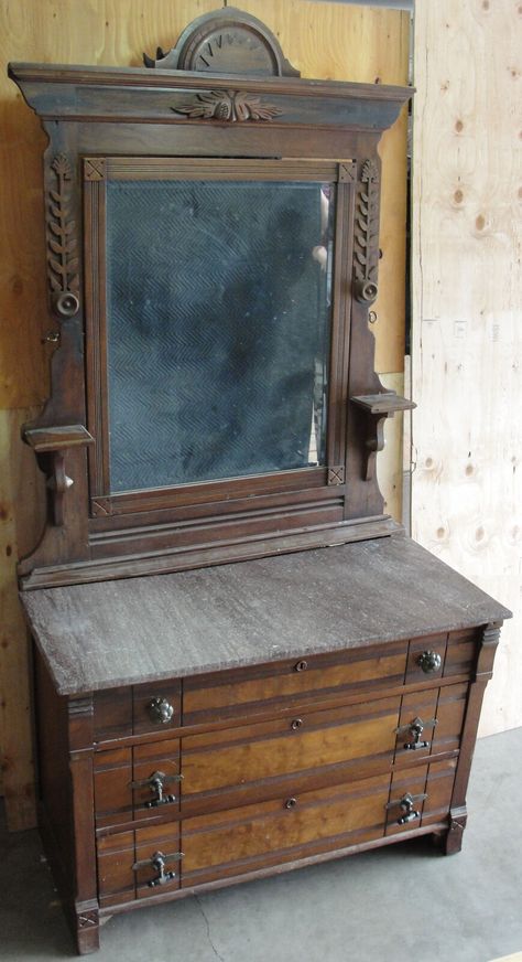 Antique American Eastlake Walnut Dresser & Mirror With Rose Granite Top C 1880 | eBay Antique House Decor, Eastlake Dresser, Antique Dresser With Mirror, Mirror Toilet, Antique Dry Sink, Victorian Dressers, Antique Oak Furniture, Wood Working Projects, Victorian Accessories