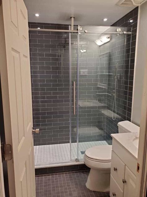 Small Shower Stalls Ideas - Barn door shower square shower stall Shower Ideas For Small Bathrooms, Barn Door Shower, Stalls Ideas, Small Shower Stalls, Ideas For Small Bathroom, Half Wall Ideas, Industrial Barn Door, Neo Angle Shower, Shower Stalls