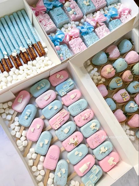 Dessert Table For Gender Reveal, Gender Reveal Sweets Table Desserts, Gender Reveal Treats Ideas, Dessert Table Gender Reveal, Gender Reveal Ideas Desserts, Gender Reveal Treats Table, Gender Reveal Pastries, Gender Reveal Rice Krispie Treats, Gender Reveal Treat Ideas