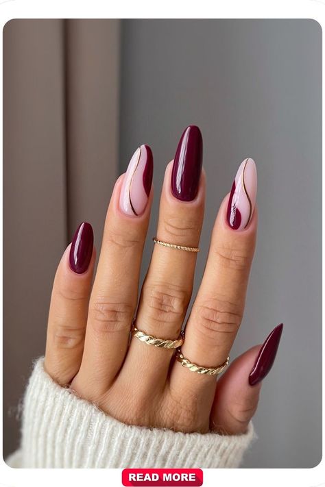 Modern burgundy nails with marble swirls create a unique and trendy look, perfect for adding a sophisticated touch to any outfit with an artistic twist. Classy Swirl Nails, Nail Burgundy Designs, Burgundy Nails Winter, Acrylic Nail Designs Burgundy, Maroon Nails Ideas, Merlot Nails Design, Burgundy And Nude Nails, Wine Nails Designs Burgundy, Maroon And White Nails