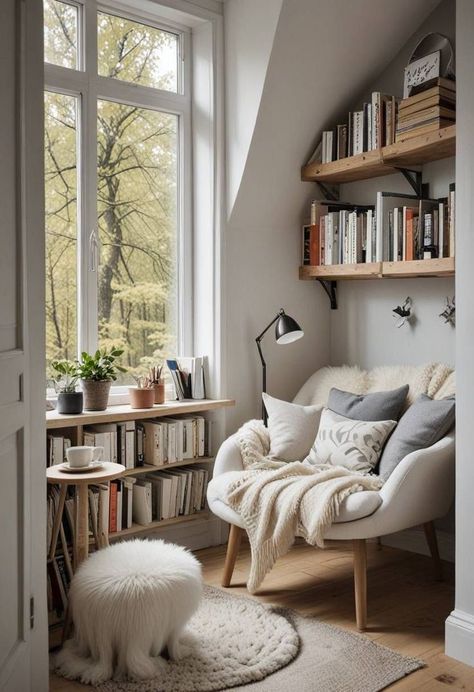 Bedroom Window Reading Nook, Bookshelf Reading Corner, Reading Nook And Office, Comfy Study Chair, Cozy Room Corner Ideas, Reading Corner Apartment, Book Corner Ideas Bedroom Cozy Nook Reading Areas Decor, Cozy Office Nook, Library Nook Ideas Cozy Corner