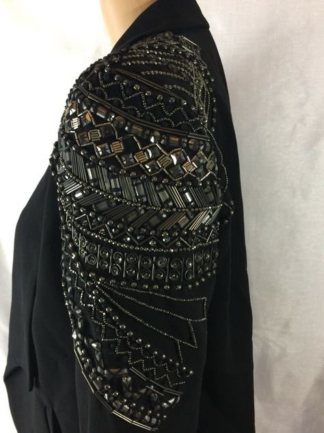 SACHIN & BABI ONE BEADED SEQUINS SHOULDER Shawl Collar SZ 4 BLACK BLAZER,CARDIGAN WOMEN’S JACKET.Beautiful elegant. Pre-Owned in very Good Used Condition Gently Worn. (No Rips,stains, holes, or excessive signs of wear.)Some unnoticeable beads row missing closer to the bottom still functional beautiful beaded work of art. (Please see the last photos for details, check measurements and don’t hesitate to ask questions before purchasing an item.) Approximately Flat Measurements not stretched: • Shou Embellished Blazers For Women, Beaded Clothes, Beaded Clothing, Beaded Blazer, Shoulder Shawl, Beads Clothes, Beaded Work, Blazer Cardigan, Embellishment Details