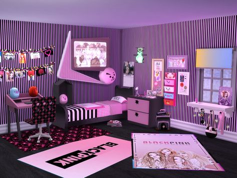 Blackpink Bedroom Aesthetic, Blackpink Room Ideas Bedrooms, Black Pink Room Ideas, Blackpink Bedroom Ideas, Black Pink Room Decor, Sims 4 Pink Bedroom, Sims 4 Kid Bedroom, Blackpink Room Ideas, Blackpink Room Decor