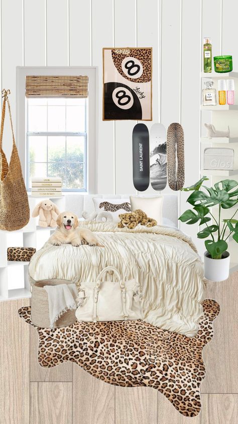 fav room 🤍 Neutral Cheetah Bedroom, Cheetah Room Decor Aesthetic, Cheetah Girl Room Aesthetic, Room Inspo Leopard Print, Bedroom Ideas Cheetah Print, Light Pink And Cheetah Bedroom, Room Ideas Cheetah, Leopard Theme Bedroom, Room Ideas Leopard