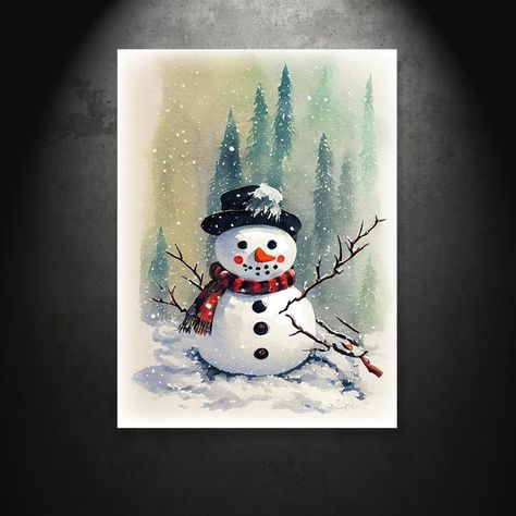 Faster shipping. Better service Winter Prints, Christmas Printable Wall Art, Painting Winter, Winter Snowman, Holiday Wall Art, Art Watercolor Painting, Wall Art Watercolor, Snowman Painting, Cat Air