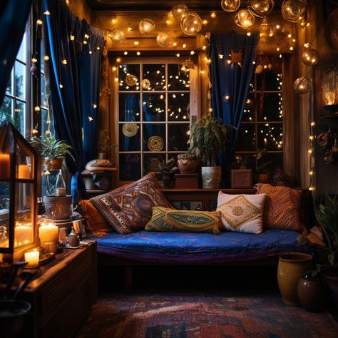 Celestial Living Room Ideas, Starry Night Living Room, Astrology Themed Bedroom, Celestial Living Room, Fantasy Pub, Whimsy Core, Moody Eclectic, Celestial Room, Celestial Decor