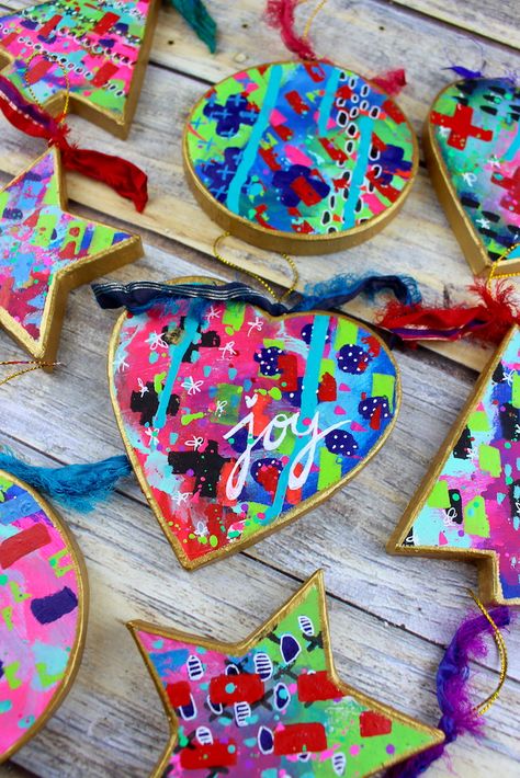 DIY Mixed Media Ornaments — kinueko Christmas Ornaments For Kids To Make Art, Fun Christmas Ornaments For Kids, Student Made Christmas Ornaments, Simple Homemade Ornaments, Colorful Diy Ornaments, Diy Xmas Ornaments For Kids, Diy Xmas Decorations For Kids, 4th Grade Ornament Craft, Canvas Ornaments