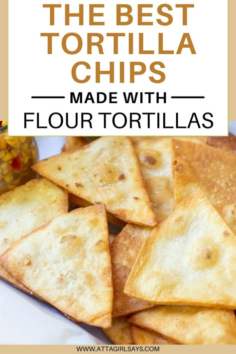 Homemade tortilla chips made from fried flour tortillas are delicious paired with your favorite salsa. These are even better than corn chips, and they're so easy to make using ingredients you probably already have at home! Make a big batch for a party or fry up a few for game day. Can also be made in an air fryer. Chips From Flour Tortillas, Homemade Flour Tortilla Chips, Sourdough Tortilla, Classy Appetizers, Flour Tortilla Chips, Fried Tortilla Chips, Baked Recipe, Tortilla Chip Recipe, Homemade Flour