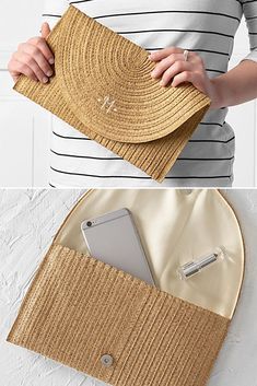 Pamper your bridesmaids sister or friend with this envelope clutch crafted from natural straw and large enough to hold all your essentials for a fun summer night out. Upcycle Bag, Hand Bags Ideas, Fancy Clutch, Bags For Ladies, Japanese Knot Bag, Sac Diy, Diy Clutch, Bags Ideas, Diy Leather Bag