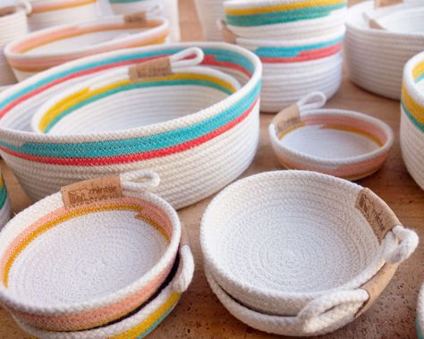 Rope bowls + baskets, four sizes | Charitable Marketplace – Pike Place Market Foundation Rope Basket Tutorial, Clothesline Basket, Rope Bowls, Painted Stripes, Coiled Rope, Blue Baskets, Rope Crafts Diy, Home Decor Baskets, Spiral Shape