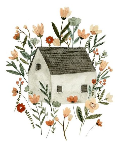 Sweet House, Floral Cottage, Garden Drawing, Garden Watercolor, Art Mignon, House Illustration, Cottage Art, 수채화 그림, House And Garden