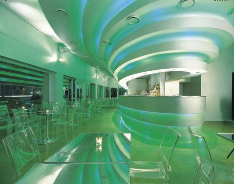 Interiors by architect/designer Fabio Novembre (1994-2001) Green Y2k, Futuristic Aesthetic, Futuristic Interior, Retro Futuristic, Futurism, Futuristic Architecture, Retro Futurism, Y2k Aesthetic, Green Aesthetic