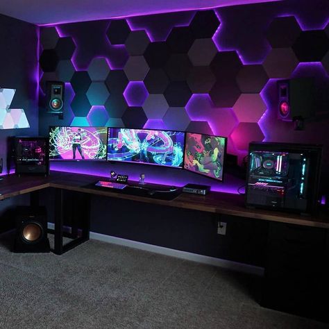 Smart Hexgagon Light Panels⁣ ⁣ Check Link in description ⁣ Carousel by @havokharakiri⁣⁣⁣ ⁣⁣⁣ My PC Setup for 2020! Heavily inspired by Sombra and the cyberpunk genre. Who’s ready for Cyberpunk 2077? ⁣⁣⁣ ⁣⁣⁣ Follow @rgbtherapy for more⁣⁣⁣ Follow @rgbtherapy� for more⁣⁣⁣ ⁣⁣⁣ #gameroom #pc #pcgaming #pcsetups #pcsetup #gamingpc #gamingcommunity #gamingsetups #cyberpunk #battlestations Hexagon Lights Wall Gaming, Hexagon Lights Wall, Nanoleaf Hexagon, Nanoleaf Elements, Gaming Computer Room, Games Room Inspiration, Small Game Rooms, Gaming Desk Setup, Game Setup