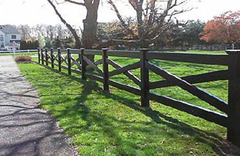 Black Farm Fencing, Crossbuck Fence Diy, Black Farm Fence, Black Wooden Fence, Crossbuck Fence, Property Fence, Farm Fences, Classic Fence, Post And Rail Fence